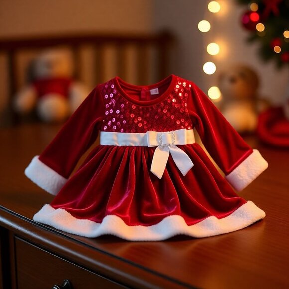 Baby Girls Red Christmas Dress W/ Bow & Sequins By Bonnie Baby Size 3-6M - Picture 2 of 7